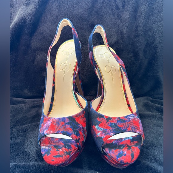 Like new! Jessica Simpson 'Sabella' Slingback Shoes floral graphic blue red - Picture 2 of 7